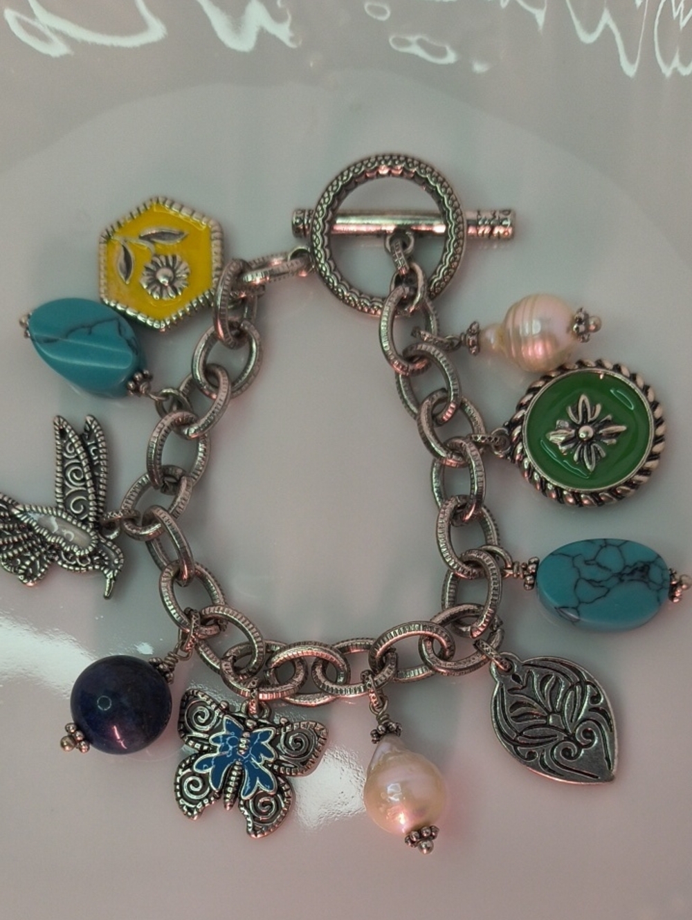 Charm Bracelet Stone And Pearls With Enamel Flower Butterfly Hummingbird Charms